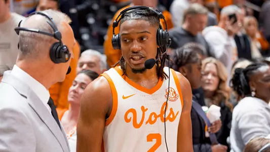 KNOXVILLE, TN - January 04, 2025 - Guard Chaz Lanier #2 of the Tennessee Volunteers after the game between the Arkansas Razorbacks and the Tennessee Volunteers at Food City Center in Knoxville, TN. Photo By Andrew Ferguson/Tennessee Athletics