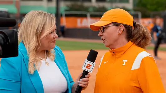 KNOXVILLE, TN - May 27, 2023 - ESPN reporter Holly Rowe and Head Coach Karen Weekly of the Tennessee Lady Volunteers after game two of the 2023 NCAA Softball Tournament Super Regional between the Texas Longhorns and the Tennessee Lady Volunteers at Sherri Parker Lee Stadium in Knoxville, TN. Photo By Andrew Ferguson/Tennessee Athletics