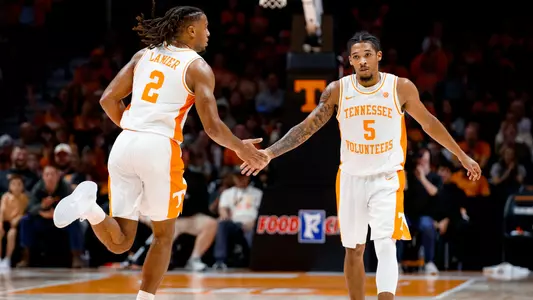 KNOXVILLE, TN - December 17, 2024 - Guard Zakai Zeigler #5 and Guard Chaz Lanier #2 of the Tennessee Volunteers during the game between the Western Carolina Catamounts and the Tennessee Volunteers at Thompson?Boling Arena in Knoxville, TN. Photo By Elliot Walker/Tennessee Athletics