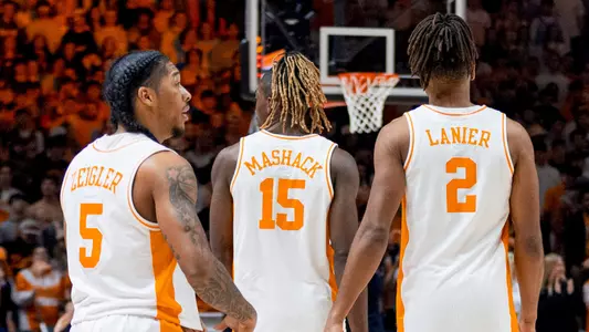 KNOXVILLE, TN - January 28, 2025 - Guard Zakai Zeigler #5, Guard Jahmai Mashack #15, Guard Chaz Lanier #2, Forward Igor Milicic Jr. #7, and Forward Felix Okpara #34 of the Tennessee Volunteers before the game between the Kentucky Wildcats and the Tennessee Volunteers at Food City Center in Knoxville, TN. Photo By Andrew Ferguson/Tennessee Athletics