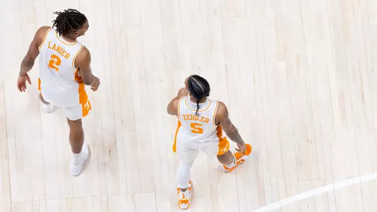 KNOXVILLE, TN - March 08, 2025 - Guard Chaz Lanier #2 and Guard Zakai Zeigler #5 of the Tennessee Volunteers before the game between the South Carolina Gamecocks and the Tennessee Volunteers at Food City Center in Knoxville, TN. Photo By Andrew Ferguson/Tennessee Athletics