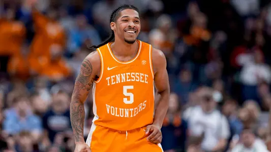 NASHVILLE, TN - March 15, 2025 - Guard Zakai Zeigler #5 of the Tennessee Volunteers during the semifinal game of the 2025 SEC Men's Basketball Tournament between the Auburn Tigers and the Tennessee Volunteers at Bridgestone Arena in Nashville, TN. Photo By Andrew Ferguson/Tennessee Athletics