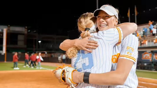 KNOXVILLE, TN - March 24, 2025 - Utility Ella Dodge #25 and Pitcher Karlyn Pickens #23 of the Tennessee Lady Volunteers after the game between the Arkansas Razorbacks and the Tennessee Lady Volunteers at Sherri Parker Lee Stadium in Knoxville, TN. Photo By Drew Garrison/Tennessee Athletics