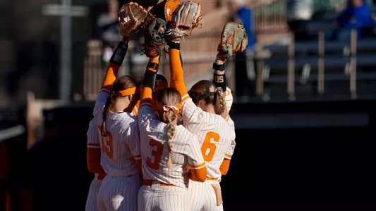 KNOXVILLE, TN - February 28, 2025 - Infielder Emma Clarke #13, Outfielder Taylor Pannell #3, and Pitcher Sage Mardjetko #6 of the Tennessee Lady Volunteers during the game between the Delaware State Hornets and the Tennessee Lady Volunteers at Sherri Parker Lee Stadium in Knoxville, TN. Photo By Andrew Ferguson/Tennessee Athletics