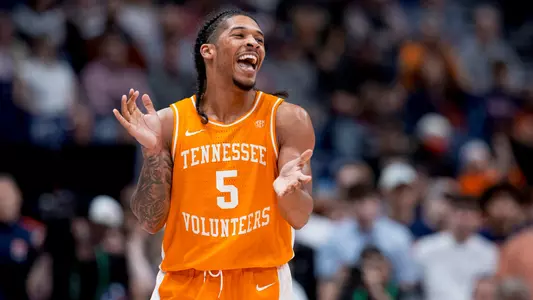 NASHVILLE, TN - March 15, 2025 - Guard Zakai Zeigler #5 of the Tennessee Volunteers during the semifinal game of the 2025 SEC Men's Basketball Tournament between the Auburn Tigers and the Tennessee Volunteers at Bridgestone Arena in Nashville, TN. Photo By Andrew Ferguson/Tennessee Athletics