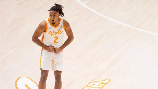 KNOXVILLE, TN - March 01, 2025 - Guard Chaz Lanier #2 of the Tennessee Volunteers during the game between the Alabama Crimson Tide and the Tennessee Volunteers at Food City Center in Knoxville, TN. Photo By Andrew Ferguson/Tennessee Athletics