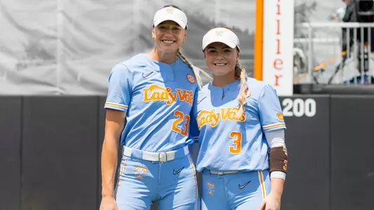 KNOXVILLE, TN - May 02, 2025 - Pitcher Karlyn Pickens #23 and Outfielder Taylor Pannell #3 of the Tennessee Lady Volunteers during the game between the Texas A&M Aggies and the Tennessee Lady Volunteers at Sherri Parker Lee Stadium in Knoxville, TN. Photo By Andrew Ferguson/Tennessee Athletics