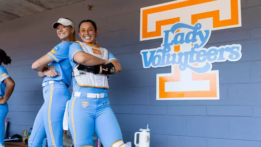 KNOXVILLE, TN - May 18, 2025 - Pitcher Karlyn Pickens #23 and Catcher Sophia Nugent #7 of the Tennessee Lady Volunteers during the 2025 NCAA Softball Tournament Regional game between the Ohio State Buckeyes and the Tennessee Lady Volunteers at Sherri Parker Lee Stadium in Knoxville, TN. Photo By Andrew Ferguson/Tennessee Athletics