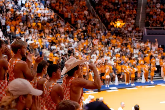 KNOXVILLE, TN - August 30, 2024 - Rocky Top Rowdies cheer during the game between the Penn State Nittany Lions and the Tennessee Lady Volunteers at Food City Center in Knoxville, TN. Photo By Andrew Ferguson/Tennessee Athletics