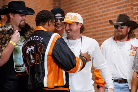KNOXVILLE, TN - September 20, 2024 - Infielder Christian Moore #1 of the Tennessee Volunteers with Morgan Wallen before the Morgan Wallen Concert at Neyland Stadium in Knoxville, TN. Photo By Kate Luffman/Tennessee Athletics