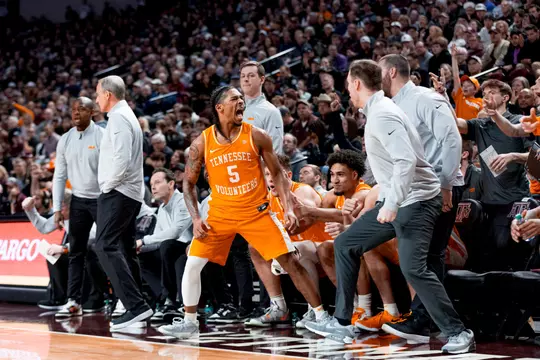 COLLEGE STATION, TX - February 22, 2025 - Guard Zakai Zeigler #5 of the Tennessee Volunteers during the game between the Texas A&M Aggies and the Tennessee Volunteers at Reed Arena in College Station, TX. Photo By Andrew Ferguson/Tennessee Athletics