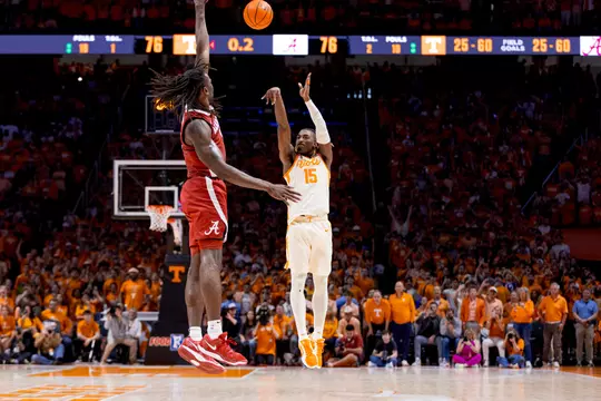 KNOXVILLE, TN - March 01, 2025 - Guard Jahmai Mashack #15 of the Tennessee Volunteers during the game between the Alabama Crimson Tide and the Tennessee Volunteers at Food City Center in Knoxville, TN. Photo By Andrew Ferguson/Tennessee Athletics