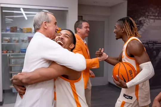 KNOXVILLE, TN - March 01, 2025 - Head Coach Rick Barnes, Guard Zakai Zeigler #5, Vice Chancellor/Director of Athletics Danny White, and Guard Jahmai Mashack #15 of the Tennessee Volunteers during the game between the Alabama Crimson Tide and the Tennessee Volunteers at Food City Center in Knoxville, TN. Photo By Andrew Ferguson/Tennessee Athletics