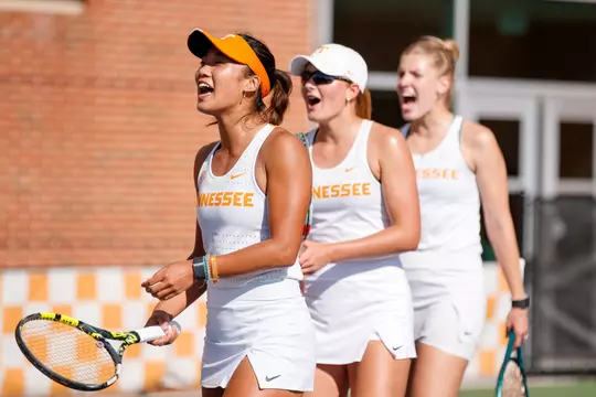 KNOXVILLE, TN - April 04, 2025 - Catherine Aulia, Saray Yli-Piipari, and Elza Tomase of the Tennessee Lady Volunteers before the game between the Florida Gators and the Tennessee Lady Volunteers at Goodfriend Tennis Center in Knoxville, TN. Photo By Drew Garrison/Tennessee Athletics