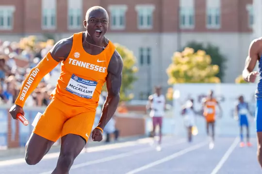 LEXINGTON, KY - MAY 17, 2025 - T'Mars McCallum of the Tennessee Volunteers winning the 4x100 during day 3 of the 2025 SEC Outdoor Track and Field Championships at the University of Kentucky Outdoor Track & Field Facility in Lexington, KY. Photo By Peyton Collimore/Tennessee Athletics