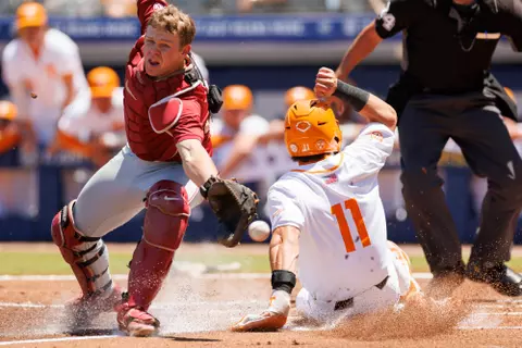 HOOVER, AL - May 21, 2025 - Infielder Andrew Fischer #11 of the Tennessee Volunteers during the 2025 SEC Baseball Tournament game between the Alabama Crimson Tide and the Tennessee Volunteers at Hoover Met in Hoover, AL. Photo By Kate Luffman/Tennessee Athletics