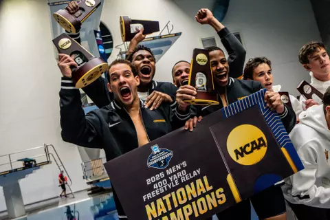 SEATTLE, WA - March 28, 2025 - Gui Caribe, Nikoli Blackman, Jordan Crooks, and Lamar Taylor of the Tennessee Volunteers during the 2025 NCAA Swimming and Diving Championship at Weyerhaeuser King County Aquatic Center in Seattle, WA. Photo By Jack Spitser