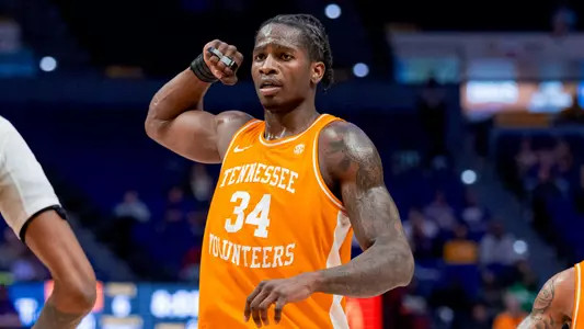 BATON ROUGE, LA - February 25, 2025 - Forward Felix Okpara #34 of the Tennessee Volunteers during the game between the LSU Tigers and the Tennessee Volunteers at Pete Maravich Assembly Center in Baton Rouge, LA. Photo By Andrew Ferguson/Tennessee Athletics