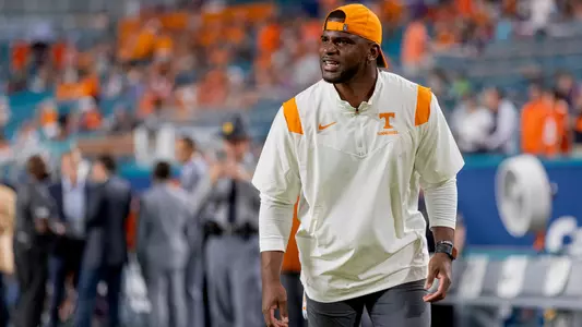 MIAMI GARDENS, FL - December 30, 2022 - Wide Receivers Coach Kelsey Pope of the Tennessee Volunteers before the 2022 Capital One Orange Bowl game between the Clemson Tigers and the Tennessee Volunteers at Hard Rock Stadium in Miami Gardens, FL. Photo By Andrew Ferguson/Tennessee Athletics