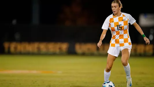 KNOXVILLE, TN - October 24, 2024 - Defender Kennedy Price #15 of the Tennessee Lady Volunteers during the game between the South Carolina Gamecocks and the Tennessee Volunteers at Regal Soccer Stadium in Knoxville, TN. Photo By Ryan Beatty/Tennessee Athletics