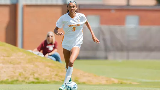 KNOXVILLE, TN - April 13, 2025 - Forward Anaiyah Robinson #9 of the Tennessee Volunteers during the game between the Virginia Tech Hokies and the Tennessee Volunteers at Regal Soccer Stadium in Knoxville, TN. Photo By Avery Bane/Tennessee Athletics