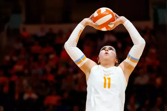 KNOXVILLE, TN - September 25, 2024 - Setter Caroline Kerr #11 of the Tennessee Lady Volunteers during the game between the Alabama Crimson Tide and the Tennessee Lady Volunteers at Thompson–Boling Arena in Knoxville, TN. Photo By Elliot Walker/Tennessee Athletics