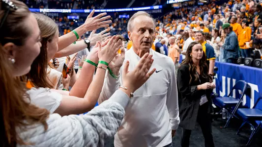 NASHVILLE, TN - March 14, 2025 - Head Coach Rick Barnes of the Tennessee Volunteers after the quarterfinal round game of the 2025 SEC Men's Basketball Tournament between the Texas Longhorns and the Tennessee Volunteers at Bridgestone Arena in Nashville, TN. Photo By Andrew Ferguson/Tennessee Athletics