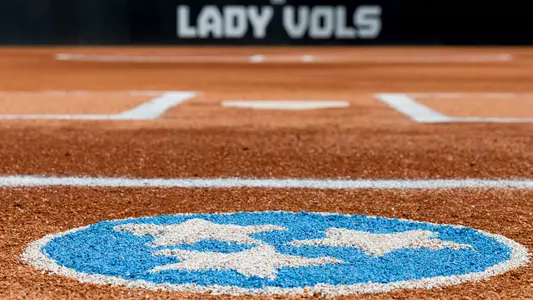 KNOXVILLE, TN - April 19, 2025 - Blue and white Tri-Star logo behind home plate before the game between the Auburn Tigers and the Tennessee Lady Volunteers at Sherri Parker Lee Stadium in Knoxville, TN. Photo By Andrew Ferguson/Tennessee Athletics