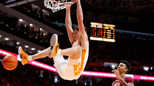 KNOXVILLE, TN - March 08, 2025 - Forward Cade Phillips #12 of the Tennessee Volunteers during the game between the South Carolina Gamecocks and the Tennessee Volunteers at Food City Center in Knoxville, TN. Photo By Drew Garrison/Tennessee Athletics