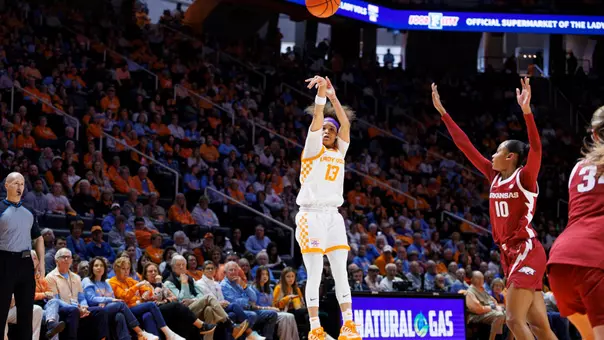 KNOXVILLE, TN - January 11, 2026 - Guard Mia Pauldo #13 of the Tennessee Lady Volunteers during the game between the Arkansas Razorbacks and the Tennessee Lady Volunteers at Food City Center in Knoxville, TN. Photo By Kate Luffman/Tennessee Athletics