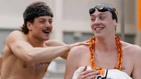 Nick Simons and Mac Clark Celebrate Following Victory in Dual Meet Against Duke