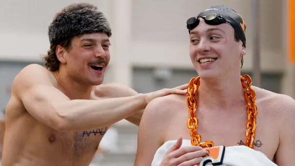Nick Simons and Mac Clark Celebrate Following Victory in Dual Meet Against Duke