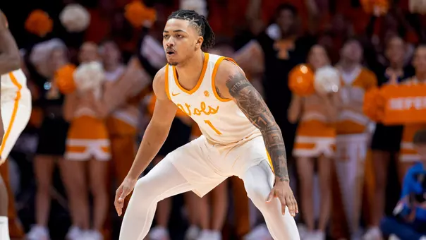 KNOXVILLE, TN - February 03, 2026 - Guard Amari Evans #1 of the Tennessee Volunteers during the game between the Ole Miss Rebels and the Tennessee Volunteers at Food City Center in Knoxville, TN. Photo By Andrew Ferguson/Tennessee Athletics