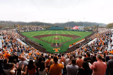 KNOXVILLE, TN - March 21, 2026 - Wide angle of Lindsey Nelson Stadium and the Tennessee Volunteers during the National Anthem before the game between the Missouri Tigers and the Tennessee Volunteers at Lindsey Nelson Stadium in Knoxville, TN. Photo By Ryan Beatty/Tennessee Athletics