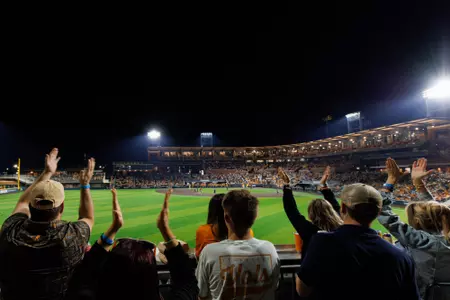 KNOXVILLE, TN - March 21, 2026 - Wide angle of Lindsey Nelson Stadium with fans cheering from the Uber Eats Porch during the game between the Missouri Tigers and the Tennessee Volunteers at Lindsey Nelson Stadium in Knoxville, TN. Photo By Ryan Beatty/Tennessee Athletics