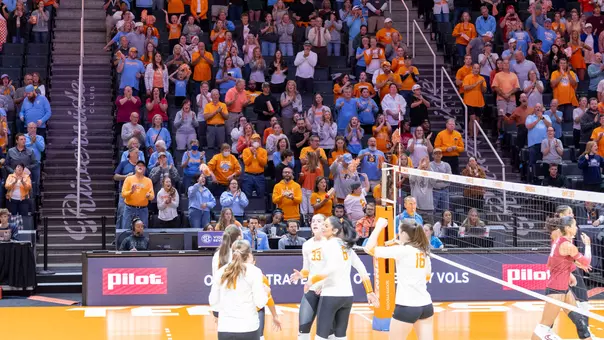 Tennessee Volleyball Celebrates following point in home SEC match during 2025 Season at Food City Center