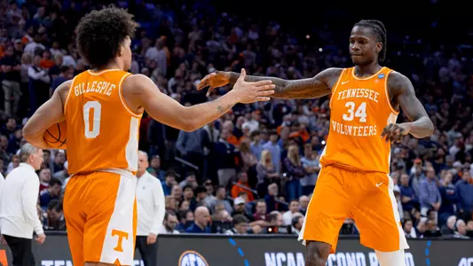 PHILADELPHIA, PA - March 22, 2026 - Guard Ja’Kobi Gillespie #0 and Forward Felix Okpara #34 of the Tennessee Volunteers during the second round game of the 2026 NCAA Men’s Basketball Tournament between the Virginia Cavaliers and the Tennessee Volunteers at Xfinity Mobile Arena in Philadelphia, PA. Photo By Andrew Ferguson/Tennessee Athletics