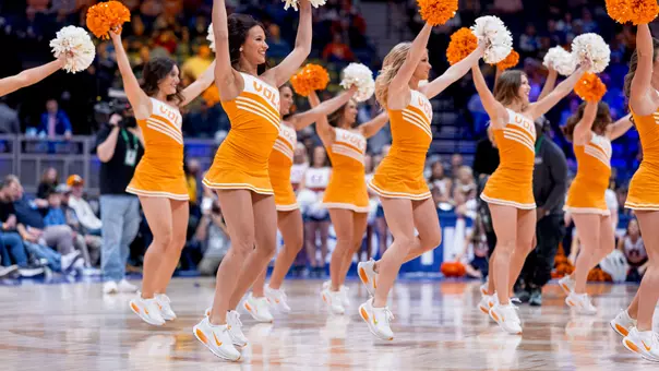 NASHVILLE, TN - March 12, 2026 - Dance team during the second round game of the the 2026 SEC Men's Basketball Tournament between the Auburn Tigers and the Tennessee Volunteers at Bridgestone Arena in Nashville, TN. Photo By Andrew Ferguson/Tennessee Athletics