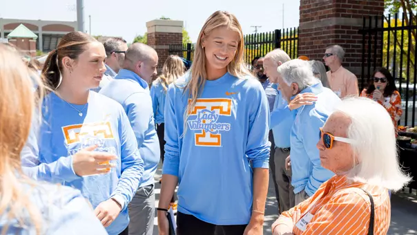 KNOXVILLE, TN - April 21, 2026 - Pitcher Karlyn Pickens #23 of the Tennessee Lady Volunteers and Marilyn Elrod during the groundbreaking ceremony for the renovated team clubhouse at Sherri Parker Lee Stadium in Knoxville, TN. Photo By Andrew Ferguson/Tennessee Athletics