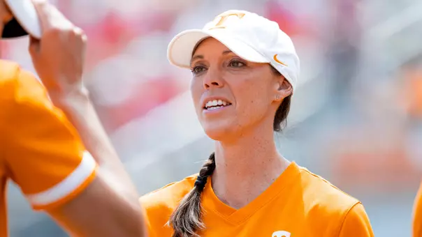 KNOXVILLE, TN - May 17, 2025 - Assistant Coach Megan Rhodes Smith of the Tennessee Lady Volunteers during the 2025 NCAA Softball Tournament Regional game between the Ohio State Buckeyes and the Tennessee Lady Volunteers at Sherri Parker Lee Stadium in Knoxville, TN. Photo By Andrew Ferguson/Tennessee Athletics