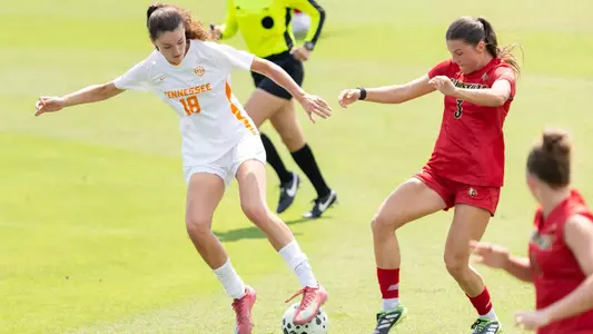 KNOXVILLE, TN - April 18, 2026 - Ines Derrien #18 of the Tennessee Lady Volunteers during the exhibition game between the Louisville Cardinals and the Tennessee Volunteers at Regal Soccer Stadium in Knoxville, TN. Photo By Drew Garrison/Tennessee Athletics
