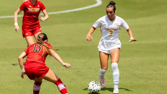 KNOXVILLE, TN - April 18, 2026 - Kai Tsakiris #9 of The Tennessee Lady Volunteers during the exhibition game between the Louisville Cardinals and the Tennessee Volunteers at Regal Soccer Stadium in Knoxville, TN. Photo By Drew Garrison/Tennessee Athletics