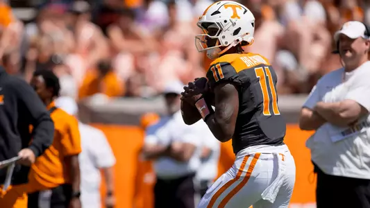 KNOXVILLE, TN - April 11, 2026 - Quarterback Faizon Brandon #11 of the Tennessee Volunteers during the 2026 Orange and White game at Neyland Stadium in Knoxville, TN. Photo By Andrew Ferguson/Tennessee Athletics
