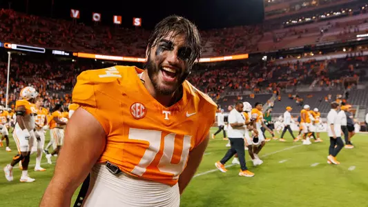 KNOXVILLE, TN - October 11, 2025 - Offensive lineman Shamurad Umarov #74 of the Tennessee Volunteers during the game between the Arkansas Razorbacks and the Tennessee Volunteers at Neyland Stadium in Knoxville, TN. Photo By Ryan Beatty/Tennessee Athletics