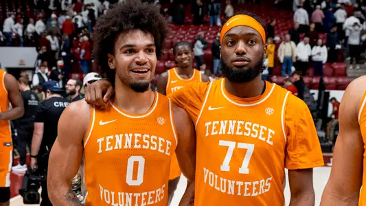 TUSCALOOSA, AL - January 24, 2026 - Guard Ja’Kobi Gillespie #0 and Guard Amaree Abram #77 of the Tennessee Volunteers after the game between the Alabama Crimson Tide and the Tennessee Volunteers at Coleman Coliseum in Tuscaloosa, AL. Photo By Andrew Ferguson/Tennessee Athletics
