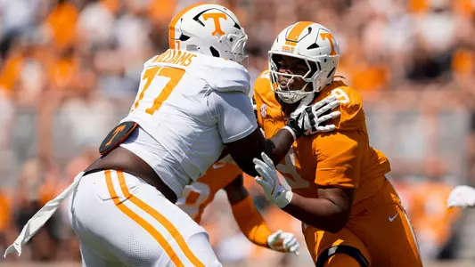 KNOXVILLE, TN - April 11, 2026 - Offensive lineman Ory Williams #77 and Defensive lineman Mariyon Dye #9 of the Tennessee Volunteers during the 2026 Orange and White game at Neyland Stadium in Knoxville, TN. Photo By Andrew Ferguson/Tennessee Athletics