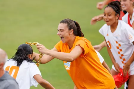 KNOXVILLE, TN - August 20, 2026 - Goalkeeper Morgan Weaver #35 and Forward Taylor Cheatham #10 of the Tennessee Lady Volunteers during the game between the Milwaukee Panthers and the Tennessee Volunteers at Regal Soccer Stadium in Knoxville, TN. Photo By Drew Garrison/Tennessee Athletics