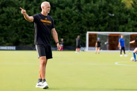 KNOXVILLE, TN - August 08, 2026 - Head Coach Joe Kirt of the Tennessee Lady Volunteers before an exhibition game between the UNC Asheville Bulldogs and the Tennessee Volunteers at Regal Soccer Stadium in Knoxville, TN. Photo By Andrew Ferguson/Tennessee Athletics