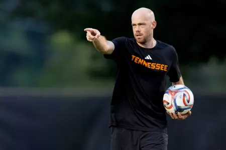 KNOXVILLE, TN - August 08, 2026 - Assistant Coach Marty Baker of the Tennessee Lady Volunteers during an exhibition game between the UNC Asheville Bulldogs and the Tennessee Volunteers at Regal Soccer Stadium in Knoxville, TN. Photo By Andrew Ferguson/Tennessee Athletics