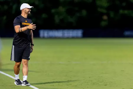 KNOXVILLE, TN - August 08, 2026 - Assistant Coach Mike Lyons of the Tennessee Lady Volunteers during an exhibition game between the UNC Asheville Bulldogs and the Tennessee Volunteers at Regal Soccer Stadium in Knoxville, TN. Photo By Andrew Ferguson/Tennessee Athletics